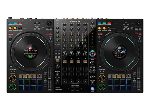 Pioneer DJ DDJ-FLX10 controller viewed from above, showing two jog wheels, four mixer channels and performance pads