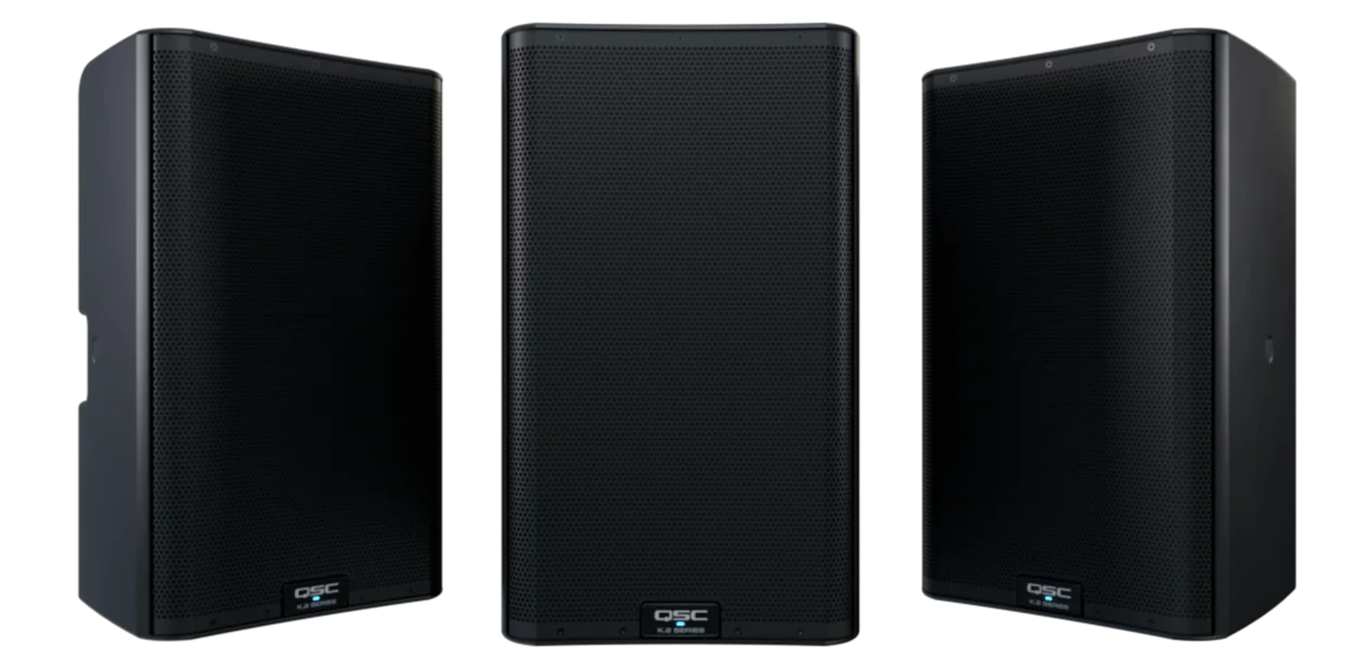 QSC K12.2 powered loudspeaker shown from three front angles