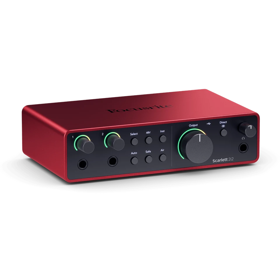Focusrite Scarlett 2i2 4th Gen audio interface with red enclosure and front-panel inputs and controls